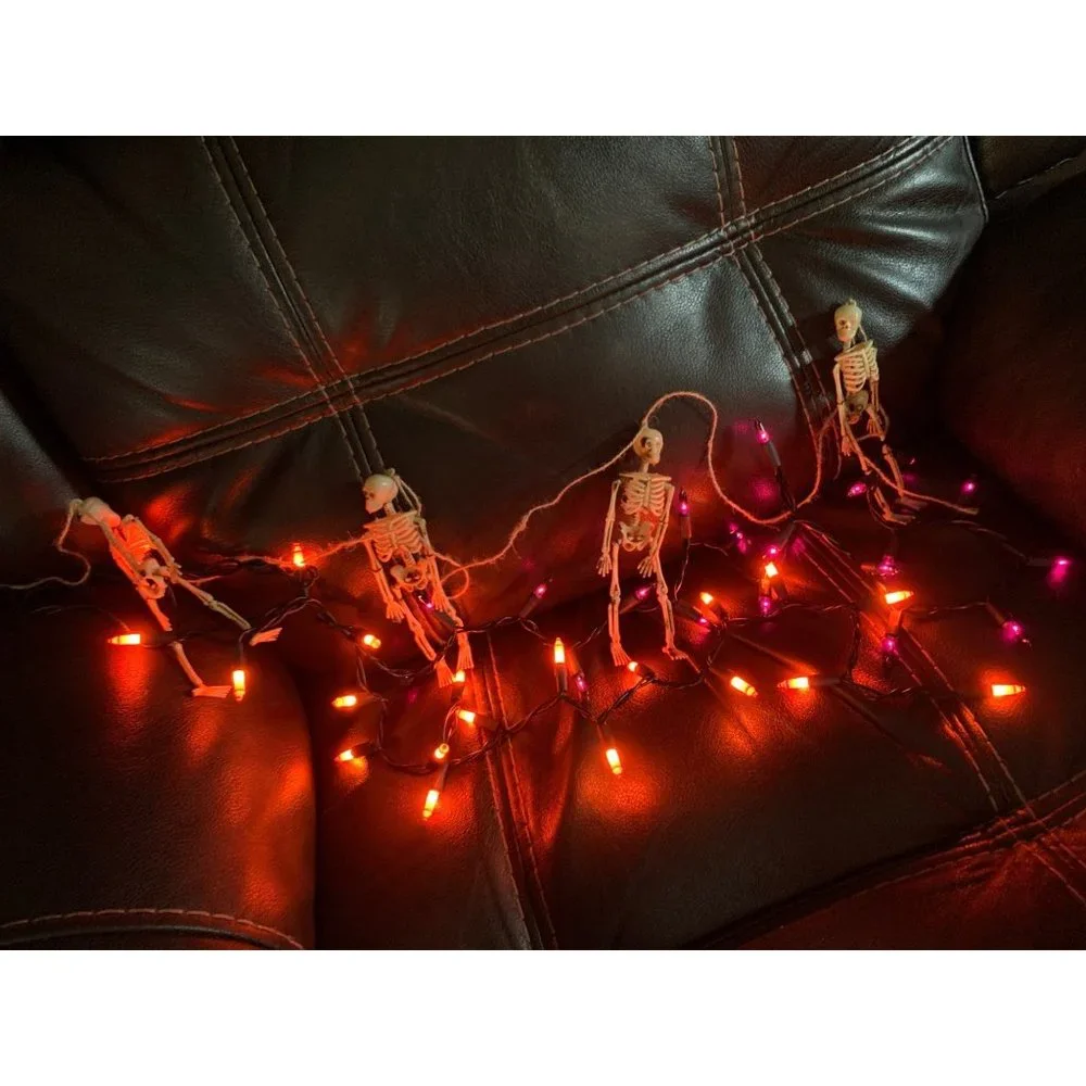 Halloween Lights in Orange/ Black (purple) 20 Bulbs each string 4 Skeletons on j